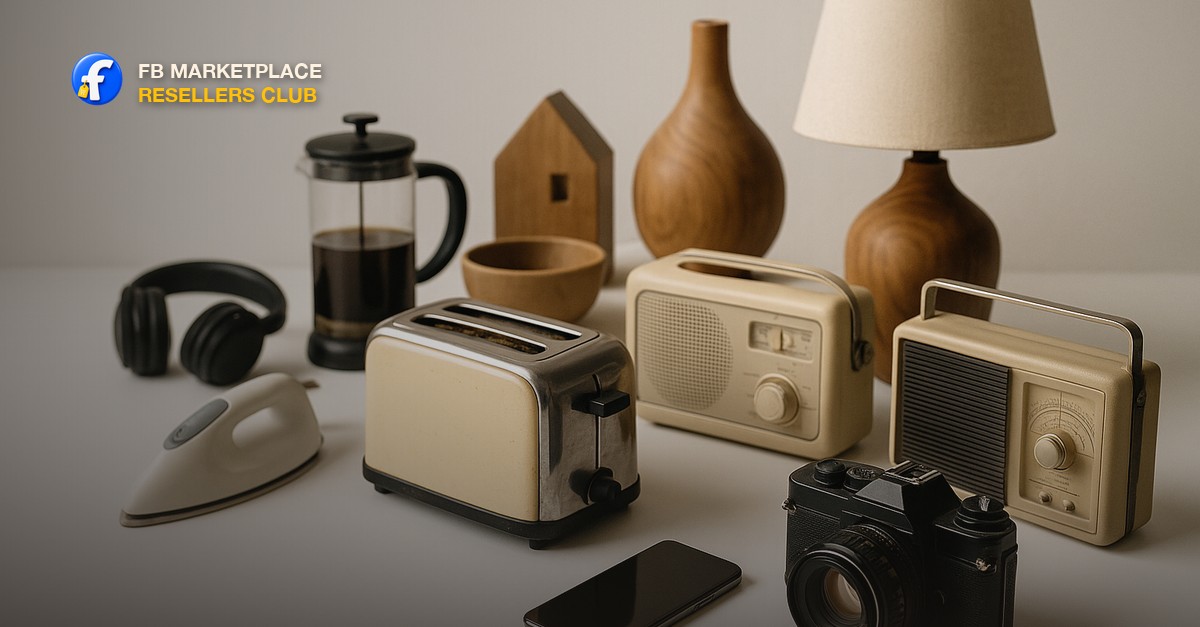 Variety of resale items arranged on a clean white surface - electronics, small appliances, wooden decor
