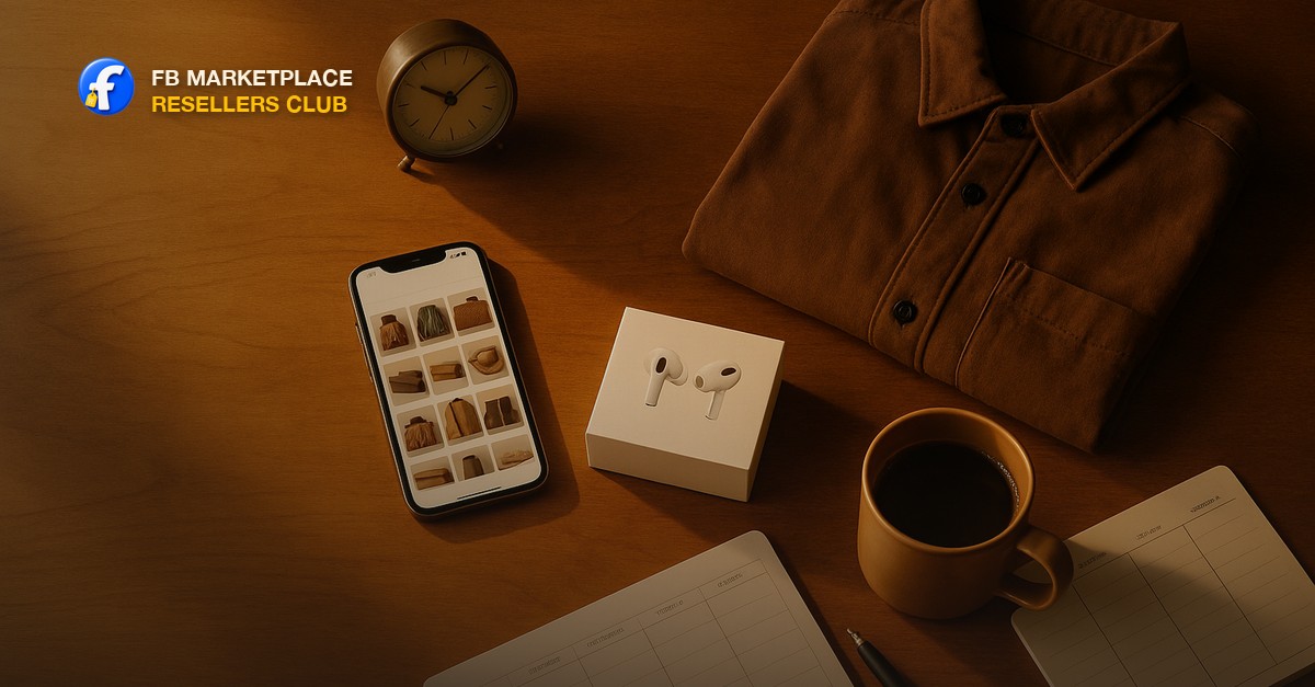 An overhead flat lay on a warm wooden table at golden hour with a smartphone showing a listing grid, a small desk clock, a weekly planner, a coffee mug, and a few resale items in soft morning light