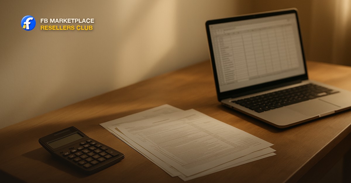 Home desk with a calculator, tax documents, and a laptop spreadsheet for tracking reselling income