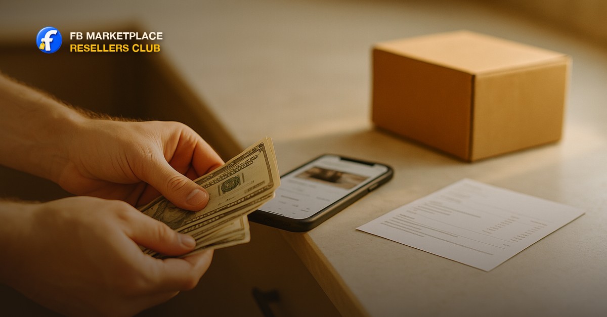 A hand counting cash next to a smartphone showing a marketplace listing on a kitchen counter, with a small shipping box and a printed receipt nearby