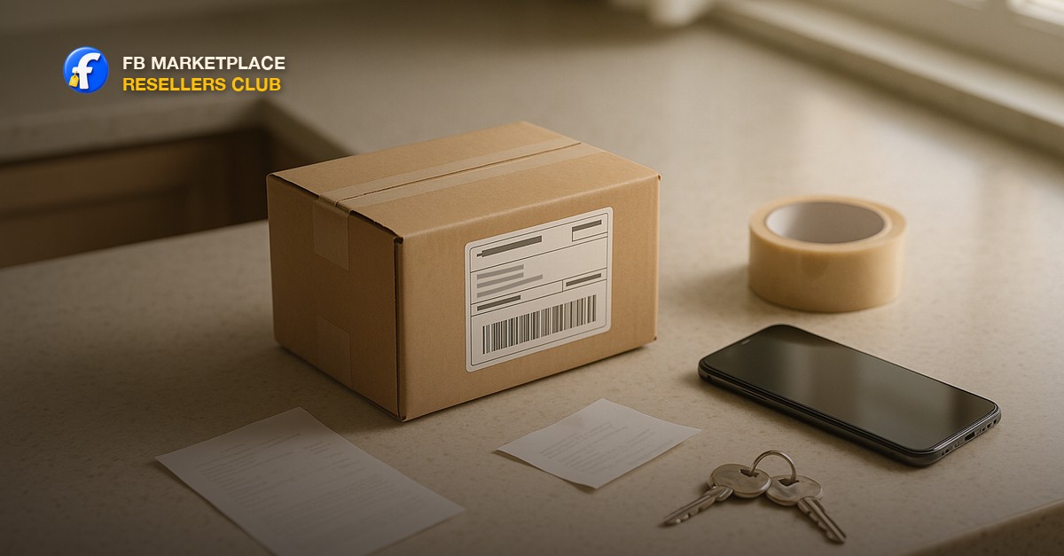 A small sealed shipping box with a printed shipping label on a kitchen counter beside a smartphone, a roll of packing tape, a folded receipt, and a set of house keys in calm morning window light