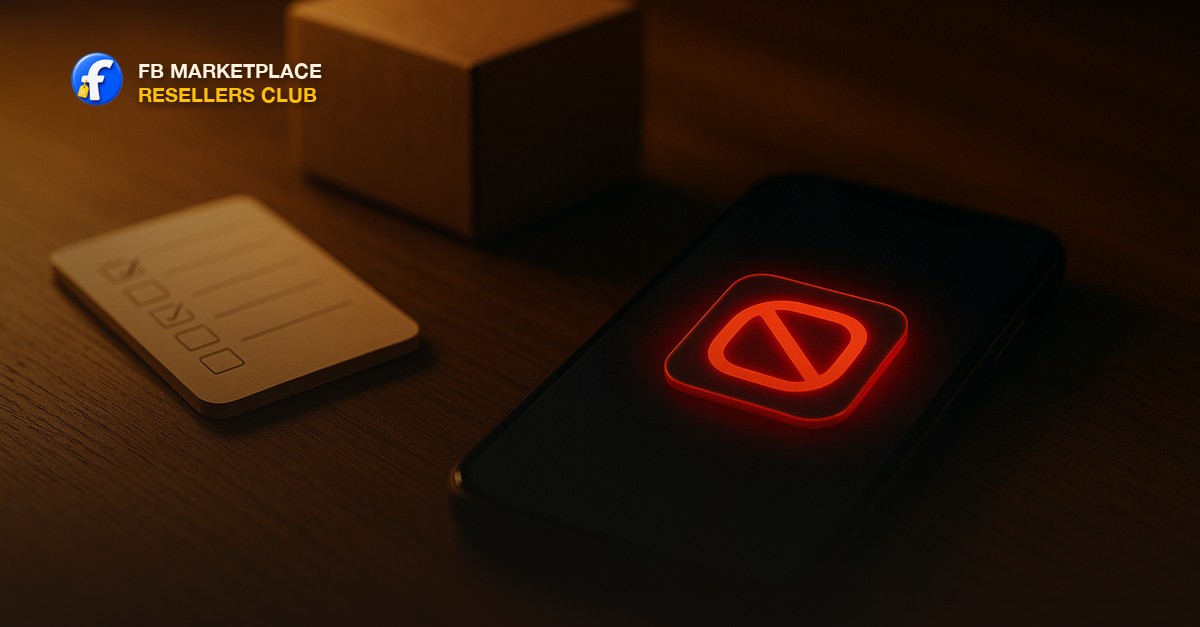 A smartphone on a wooden desk showing a paused app icon with a red warning glow beside a small cardboard shipping box and a notepad checklist, warm lamp light