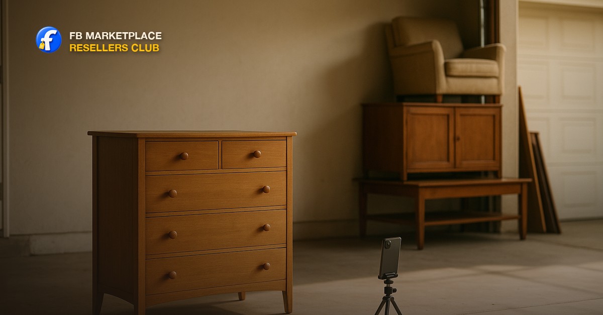 A wooden dresser staged in a garage with a phone on a tripod set up to take a listing photo