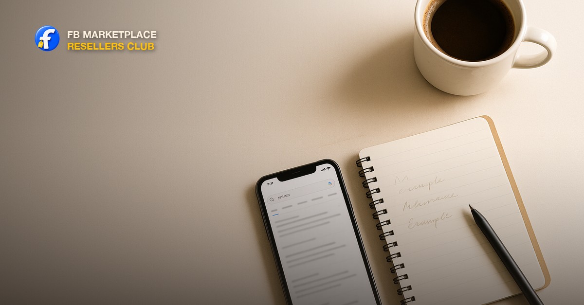 Overhead flat lay on a warm white desk in soft natural light: a smartphone face-up showing a search results page, a small spiral notebook open with handwritten title examples, a ballpoint pen resting on the page, a cup of coffee to one side, all neatly arranged with clean empty space on the upper left