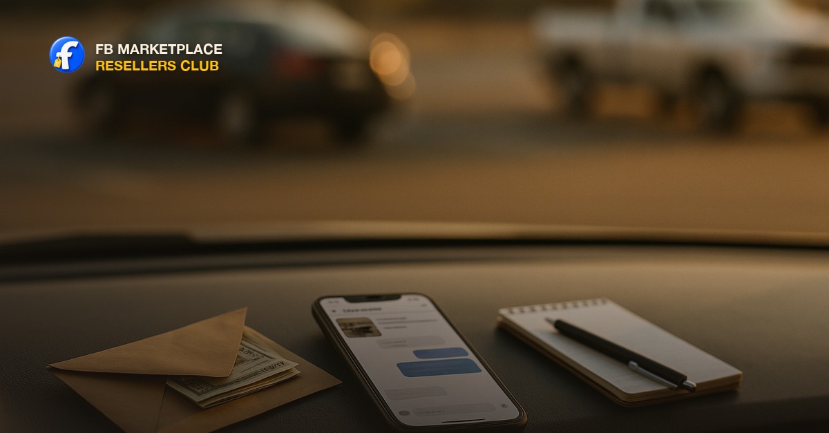 A phone showing a marketplace chat on a car dashboard next to a folded cash envelope and a notepad in a parking lot