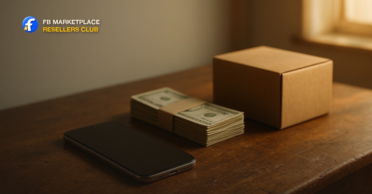 A phone, a stack of cash and a small shipping box on a wooden table in late afternoon light