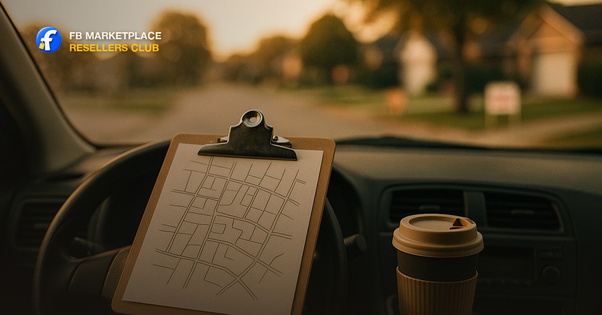 An early-morning car dashboard view with a hand-drawn paper route map on a clipboard and a travel coffee cup, warm golden light through the windshield, blurred garage sale signs on a residential street in the distance