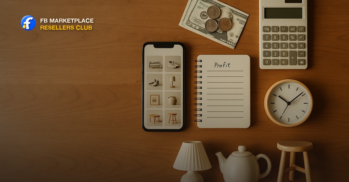 An overhead flat lay on a warm wooden table in soft daylight with a smartphone showing a marketplace listing grid, a small stack of cash and coins, a notebook with a handwritten profit ledger, a calculator, and a few resold household items arranged neatly with clean space on the left