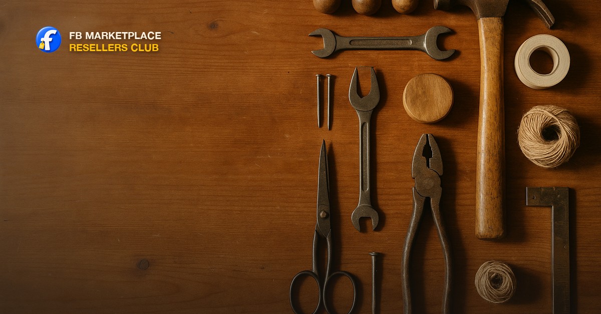 An assortment of small household tools and kitchen items arranged neatly on a table for a marketplace bundle listing photo