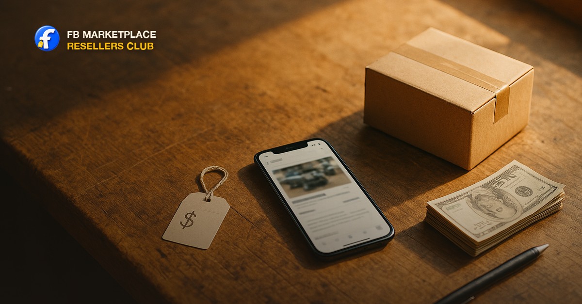 A flat-lay on a worn wooden workbench showing a smartphone with a classified-ad listing, a handwritten price tag, a sealed cardboard box, and a stack of folded cash beside a ballpoint pen, warm side-window daylight