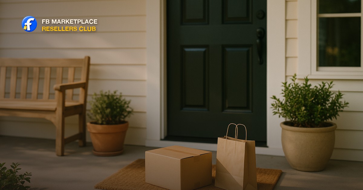 A tidy suburban front porch in soft morning light with a labeled cardboard box and paper bag waiting on the doormat beside the front door, potted plants and a wooden bench nearby