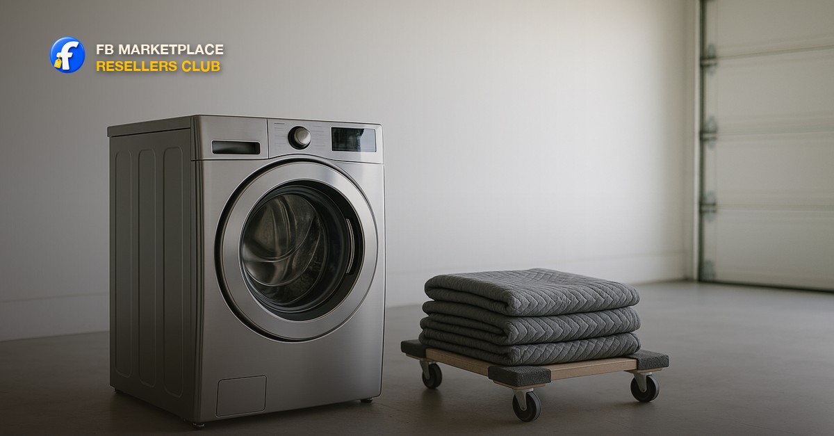 FB Marketplace Resellers Club - a clean secondhand washing machine beside moving blankets and a dolly in a bright garage