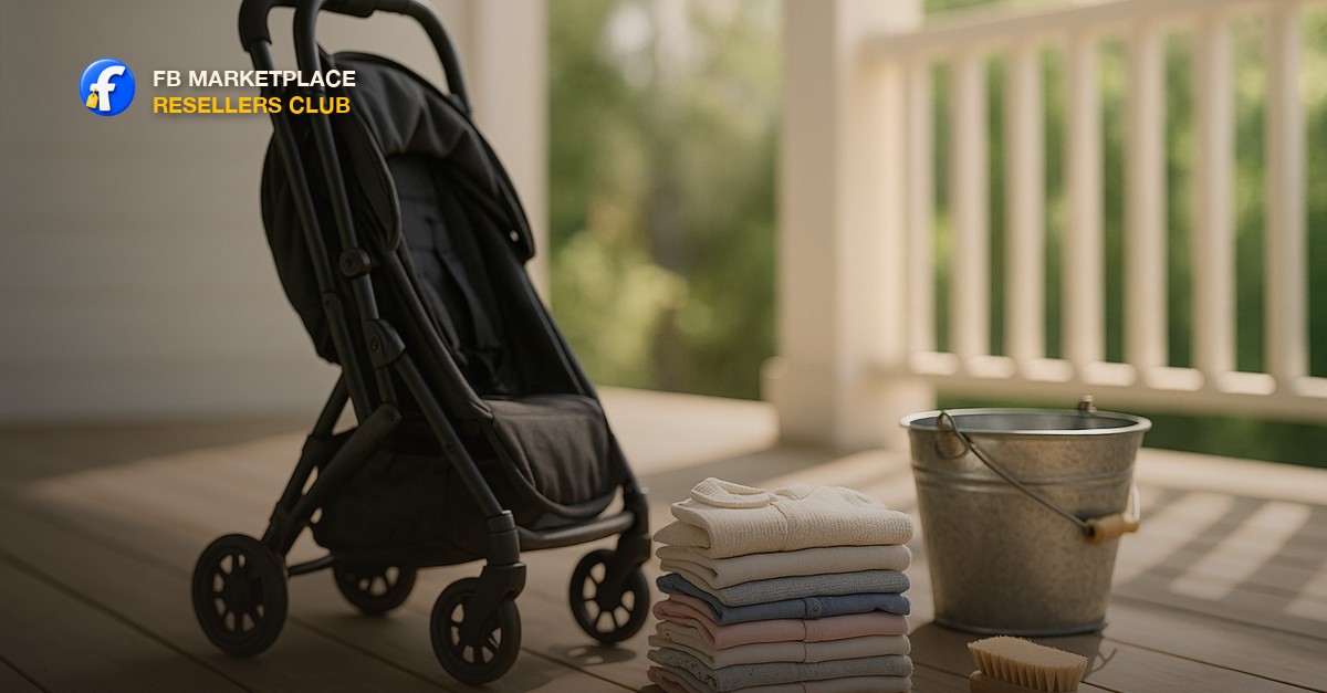 A folded lightweight stroller and a stack of clean secondhand baby clothes on a sunlit wooden porch beside a scrub brush and a bucket