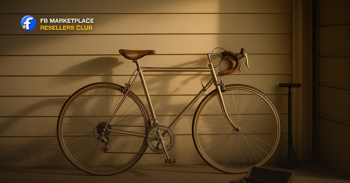 A vintage road bike leaning against a garage wall beside a small set of hand tools
