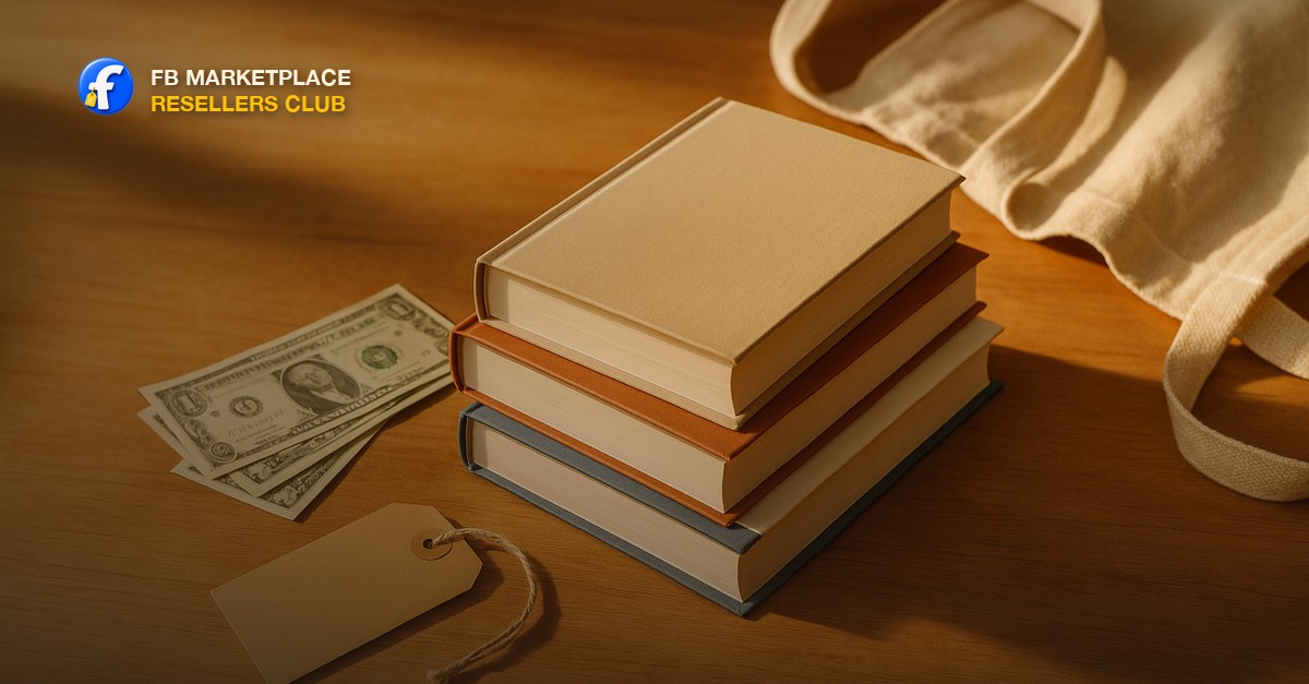 A neat flat lay on a sun-drenched wooden table showing a small stack of hardcover and paperback books in good condition beside a few dollar bills fanned out, a manila price tag, and a tote bag in the background, warm afternoon light
