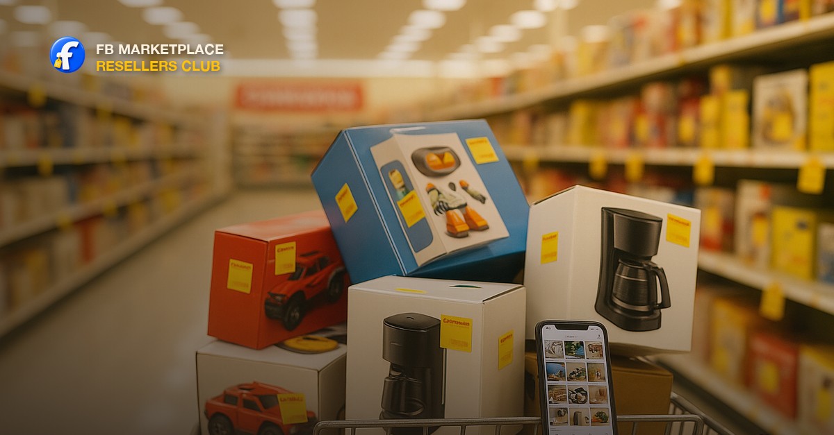 A shopping cart in a bright big-box store clearance aisle stacked with boxed small appliances and toys marked with yellow discount stickers, a smartphone resting on the cart handle showing a marketplace listing grid, warm retail lighting