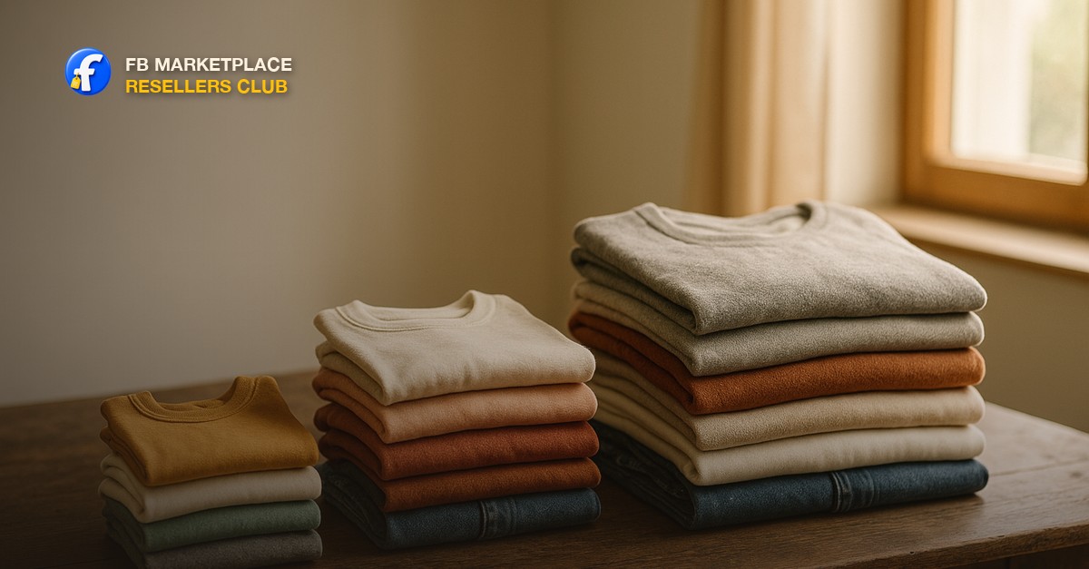 Folded stacks of kids and adult clothing sorted by size on a wooden table, ready to be photographed as a marketplace bundle listing