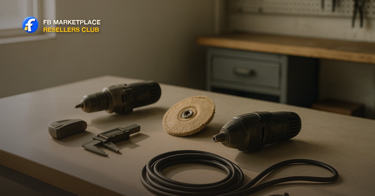 A garage workbench in bright daylight with a few used gadgets and a coiled power cable laid out on a clean surface
