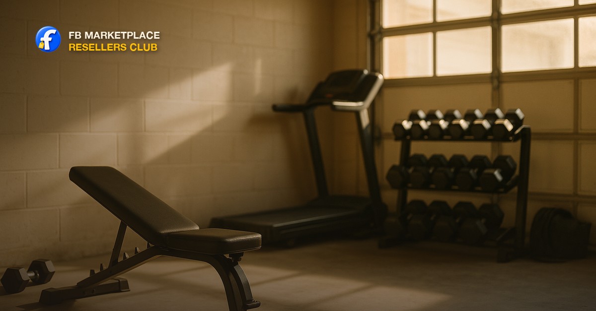 A home garage gym with a weight bench, a rack of dumbbells, and a treadmill against the wall in warm natural light