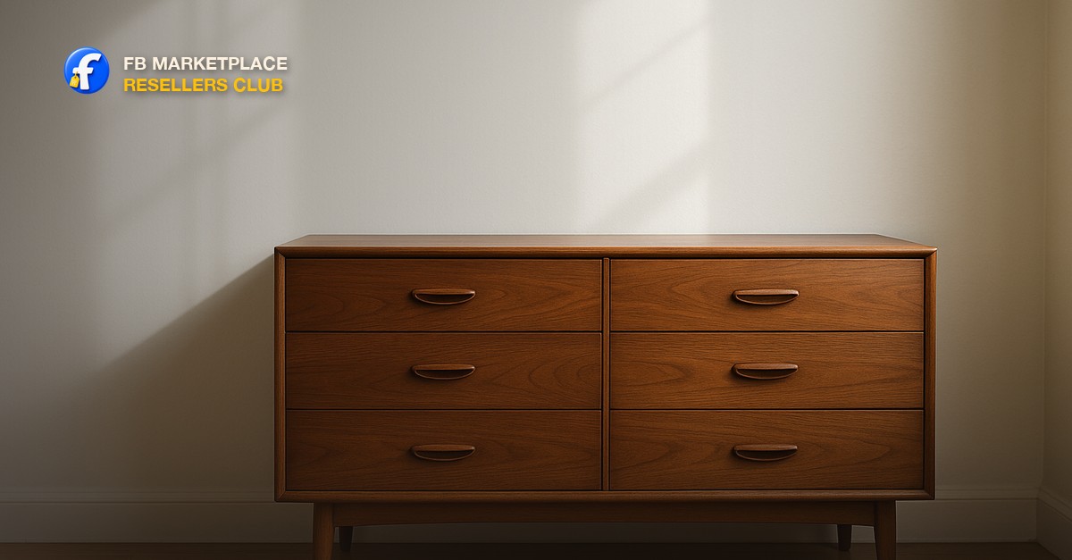 A clean wooden dresser against a white wall with sunlight streaming through a window