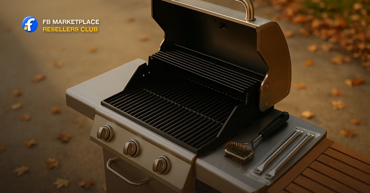 A cleaned stainless steel three-burner gas grill with its lid open on a concrete patio, scrubbed cooking grates, a wire grill brush and new replacement burner tubes on a wooden side table, with fallen autumn leaves in warm late-afternoon light