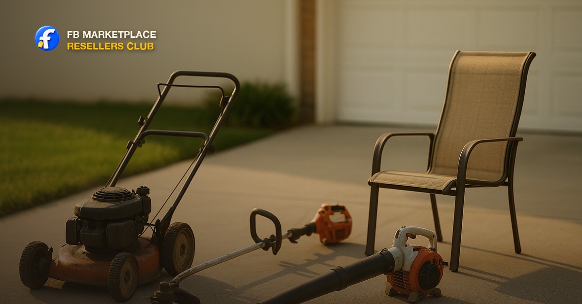 A used gas lawn mower, a string trimmer, a leaf blower, and a folded patio chair arranged on a clean concrete driveway in warm late-afternoon light