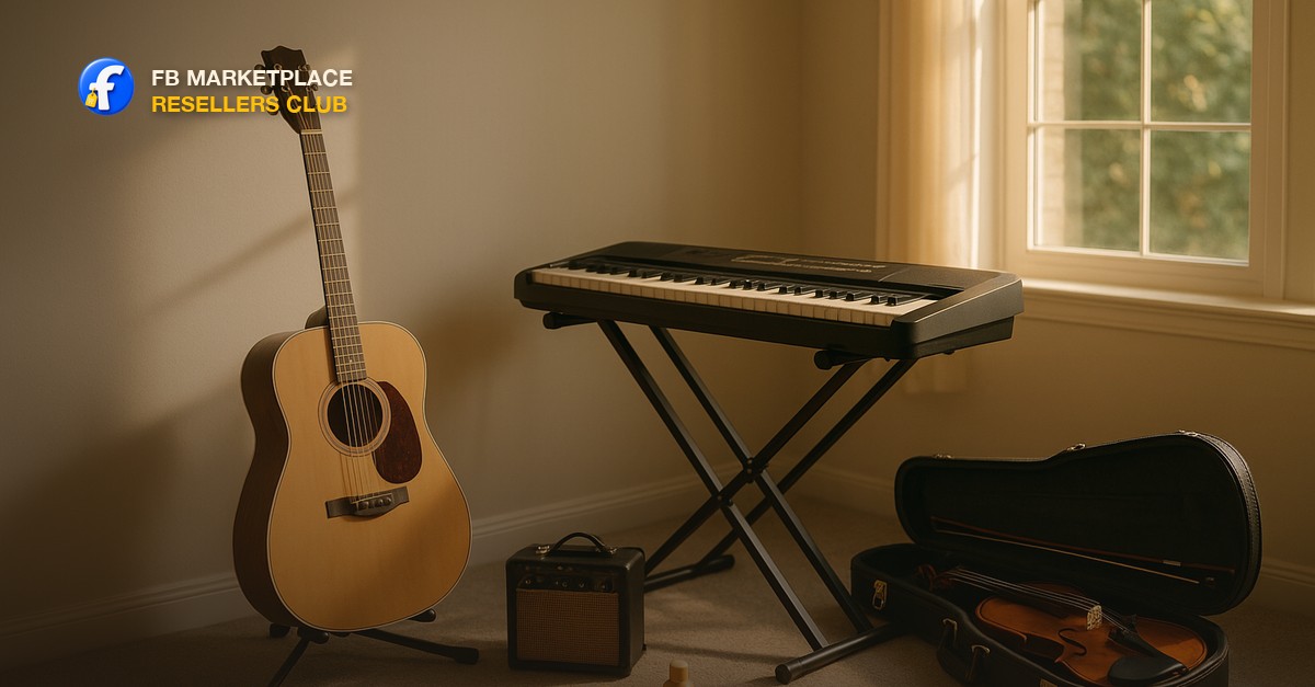A sunlit home music corner staged for resale photos with an acoustic guitar on a stand, a compact digital keyboard on a folding table, an open violin case, a small guitar amp on the floor, and a soft polishing cloth nearby in warm afternoon light
