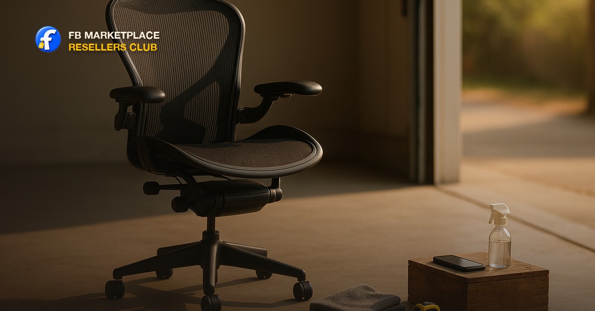 A black mesh-back ergonomic office chair on a clean concrete garage floor beside a folded microfiber cloth, a tape measure, a spray bottle and a smartphone on a low wooden crate in warm late-afternoon light