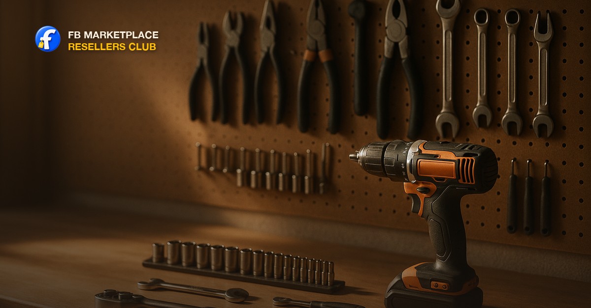 FB Marketplace Resellers Club - used power tools laid out on a clean workbench in daylight ready to be tested and listed