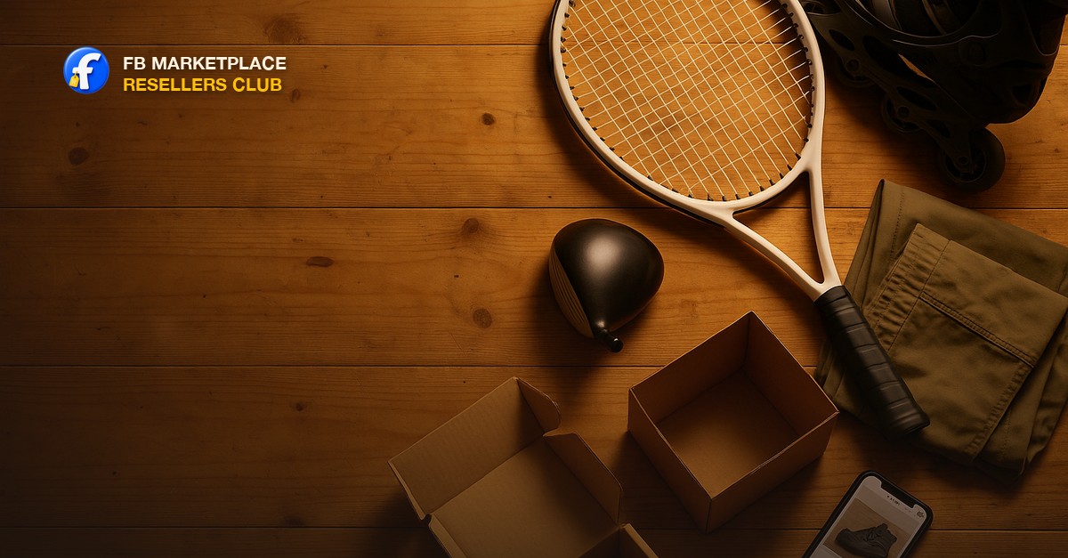 Overhead flat lay on a worn pine workbench in warm workshop light: a clean tennis racket, a pair of inline skates, a golf driver head, and hiking pants, with an open cardboard shipping box and a smartphone showing a sold listing