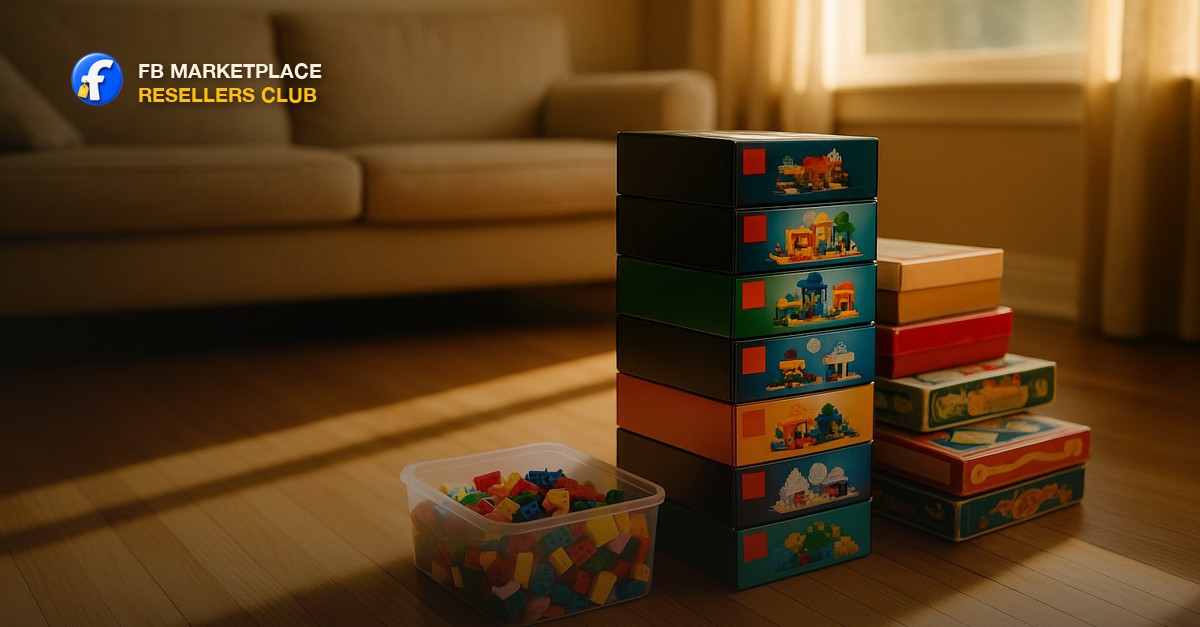 A sunlit living room floor with a stack of building brick set boxes, a few classic board games, and a clear bin of loose colorful bricks in warm afternoon light