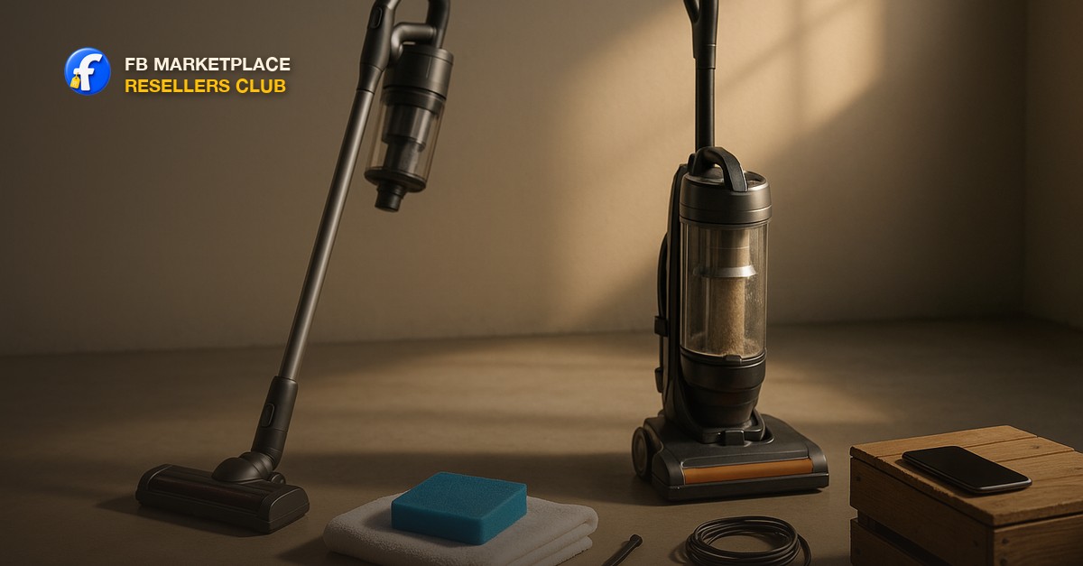 A cordless stick vacuum and a bagless upright vacuum standing on a clean concrete garage floor beside a freshly washed foam filter drying on a folded white towel, a detail brush, a coiled charging cable and a smartphone on a low wooden crate in warm late-afternoon light