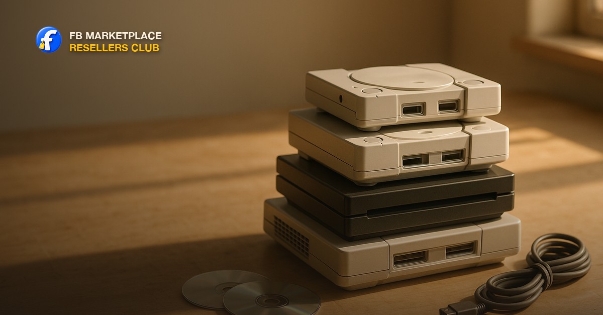 A stack of retro and modern video game console shells with a couple of loose game discs and a coiled controller cable on a sunlit wood workbench