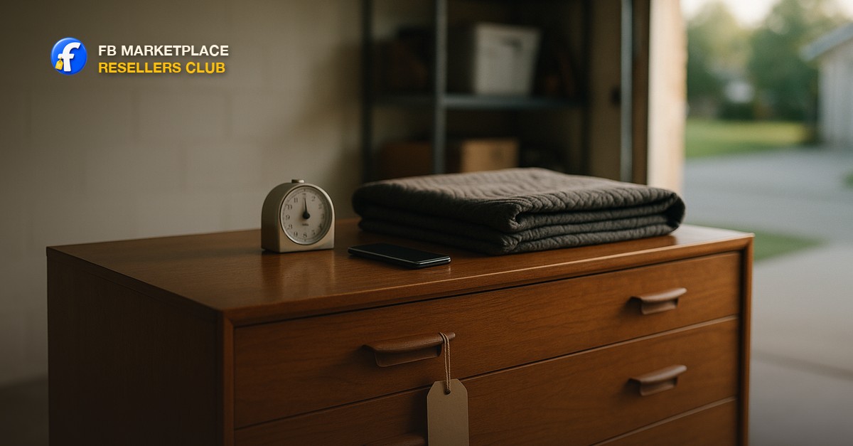 A wooden dresser in a tidy home garage with a blank paper hold tag tied to a drawer handle, a kitchen timer and a folded moving blanket on top, in soft morning light from an open garage door