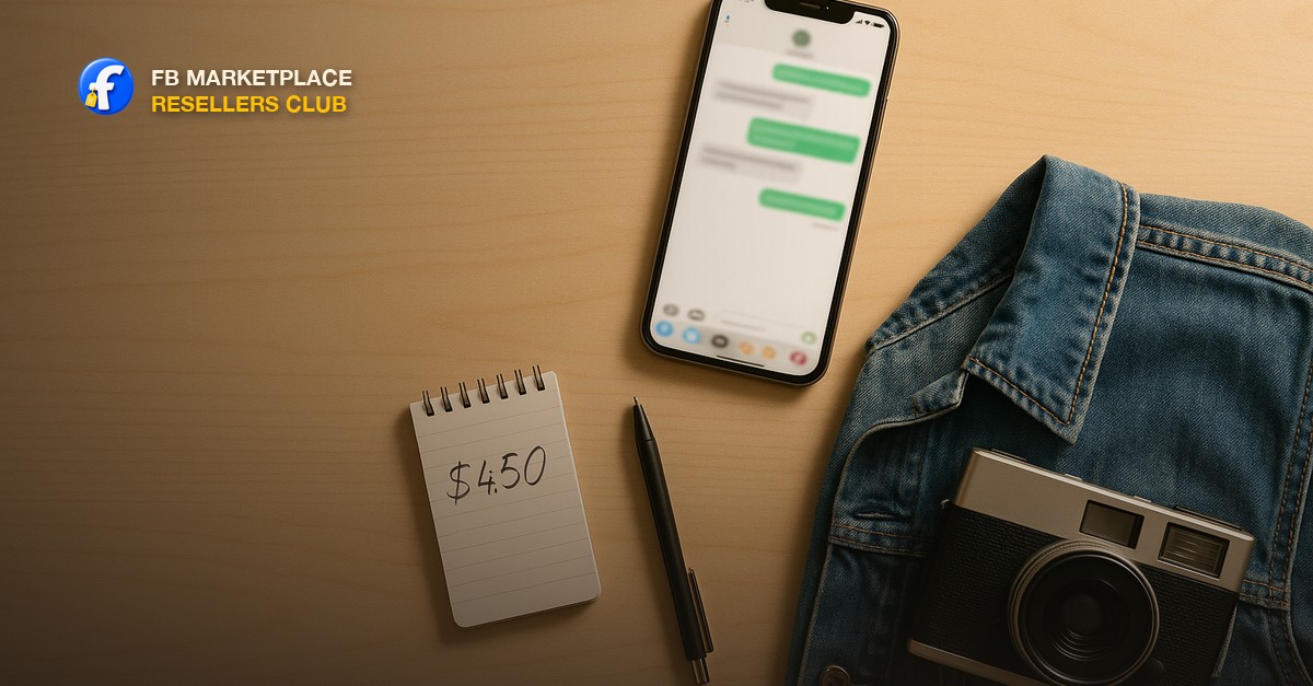 Overhead flat lay on a clean light wood table: a smartphone showing a chat message thread, a small notepad with a hand-written price, a pen, and a few resale items like a folded jacket and a vintage camera in warm neutral light