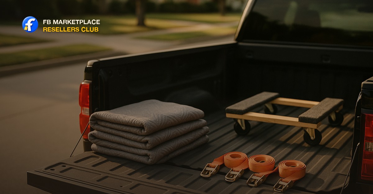 An open pickup truck bed at a suburban curb loaded with folded moving blankets, a furniture dolly and coiled ratchet straps in late afternoon light