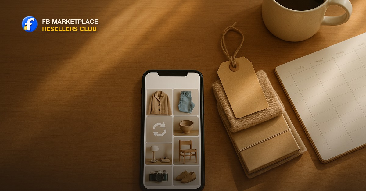 An overhead flat lay on a warm wooden desk in soft daylight showing a smartphone displaying a marketplace listing grid with a circular refresh arrow, a small stack of resale items with a manila price tag, a weekly desk calendar, and a coffee mug