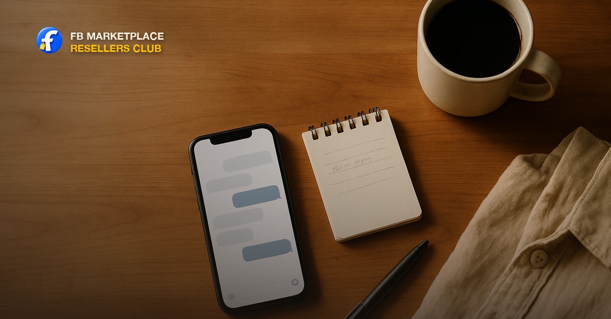 Overhead flat lay on a warm wooden table in soft natural light: a smartphone showing a messenger chat thread with speech bubbles, a small spiral notebook with handwritten quick-reply notes, a ballpoint pen, a mug of coffee, and a couple of resale items softly out of focus, with clean empty space in the upper area
