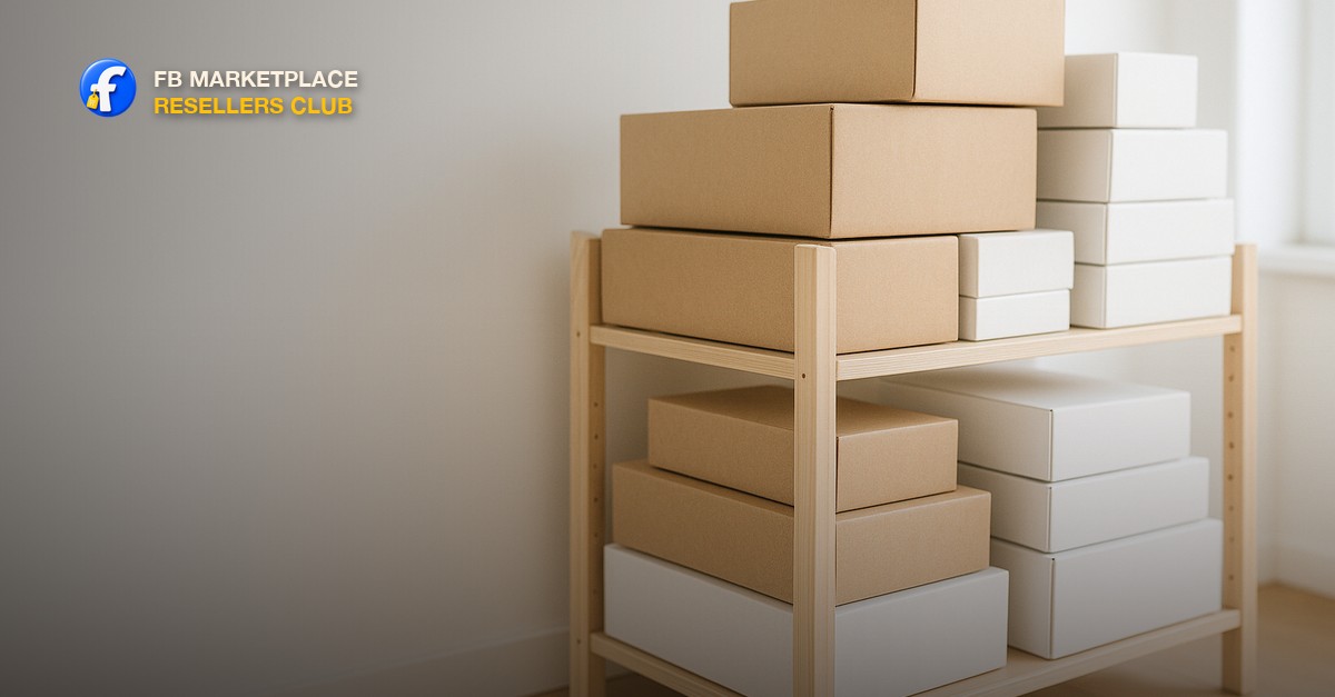 A tidy home workspace with boxes, labels, and organized inventory shelves in the background