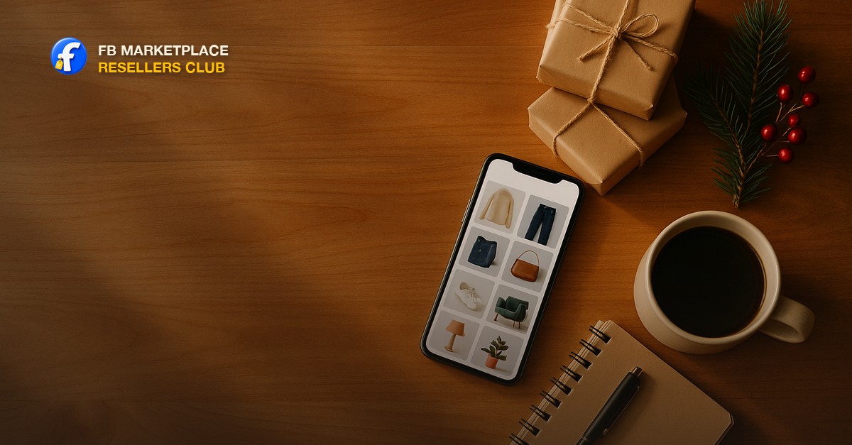 Overhead flat lay on a warm wooden table in soft winter afternoon light: a smartphone showing a marketplace listing grid, a small stack of brown-paper parcels tied with twine, a sprig of pine and red berries, a spiral notebook and pen, and a mug of coffee, with clean empty space on the lower left