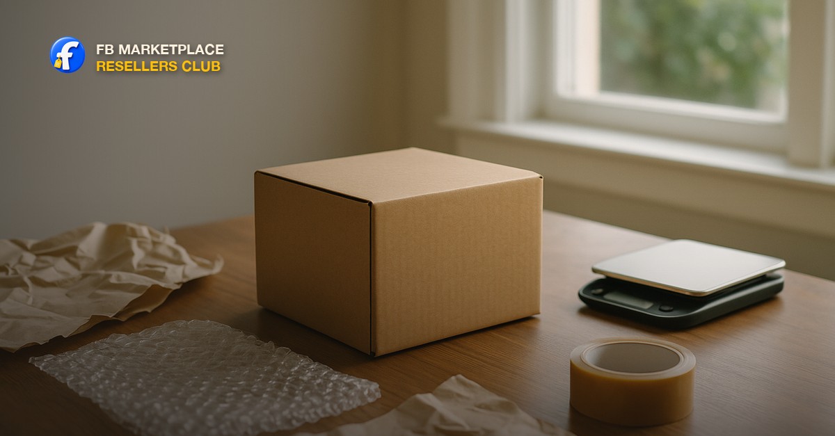A cardboard shipping box on a table surrounded by bubble wrap, packing paper, a roll of tape and a kitchen scale, with a shipping label ready to apply