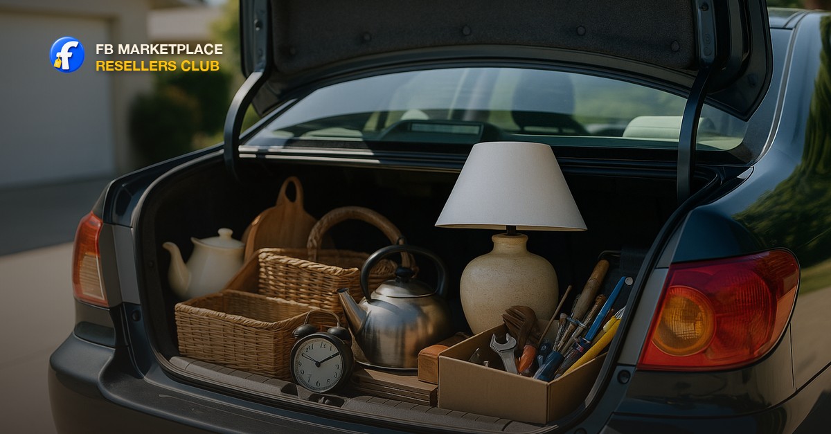 An open car trunk filled with mixed secondhand household goods and tools in a sunny driveway