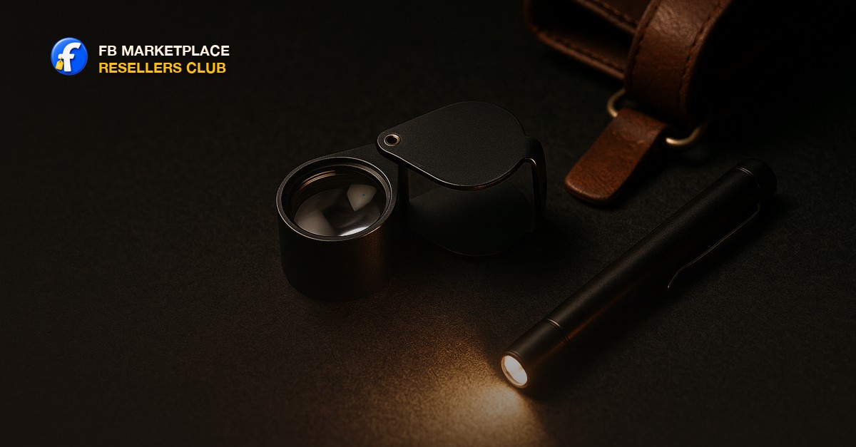 A jeweler's loupe and a slim flashlight resting on dark felt beside a folded leather strap and a brass zipper pull in warm focused light