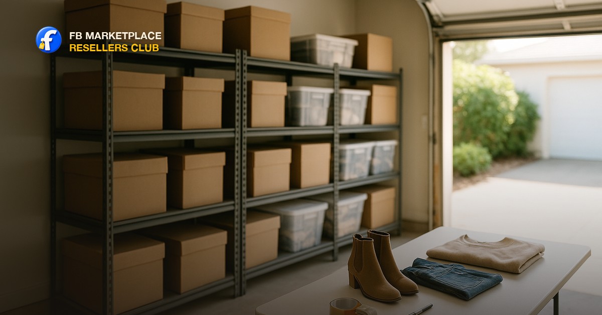 A bright, tidy home garage converted into a reseller staging area at midday with labeled cardboard boxes and clear plastic bins stacked on metal shelving, a folding table holding a few clean resale items ready to photograph, packing tape and a marker, and soft natural light through an open garage door