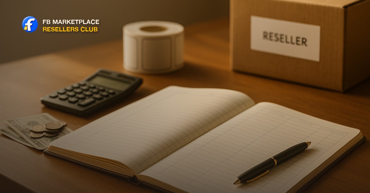 A reseller's tidy desk with an open ruled ledger notebook, a calculator, a pen, a small stack of cash and coins, and a labeled cardboard box in warm afternoon window light