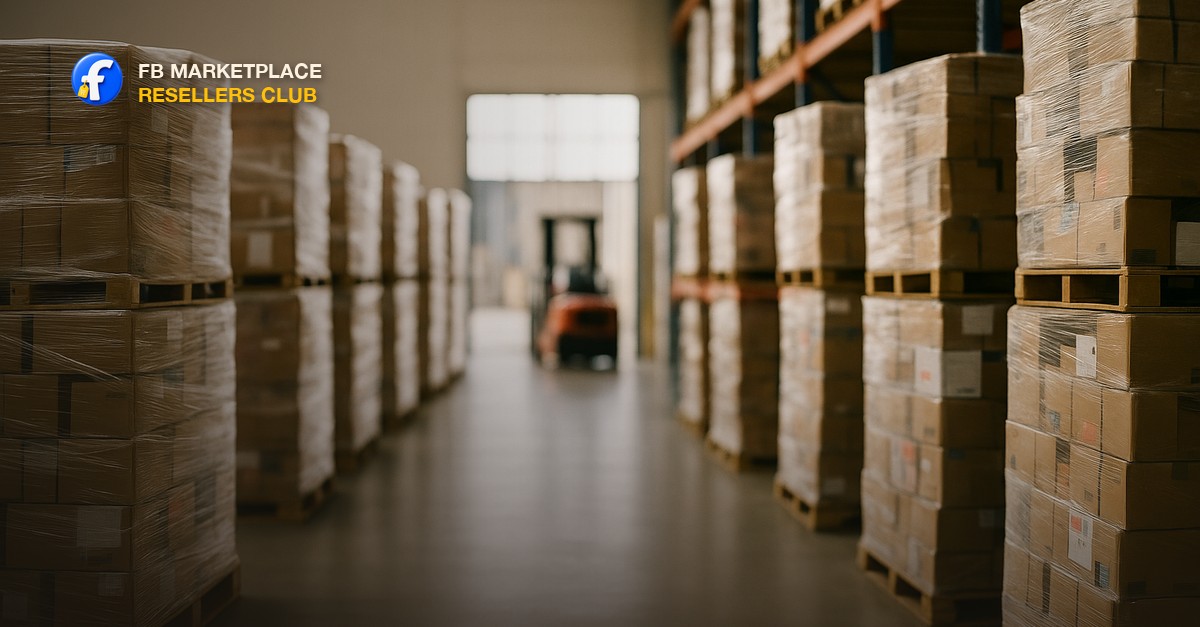 A warehouse aisle with stacked shrink-wrapped liquidation pallets of mixed boxed merchandise