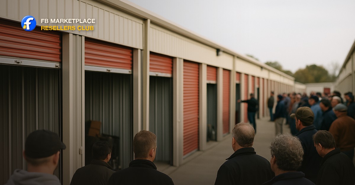 Rows of storage unit doors open during a live auction with bidders gathered outside